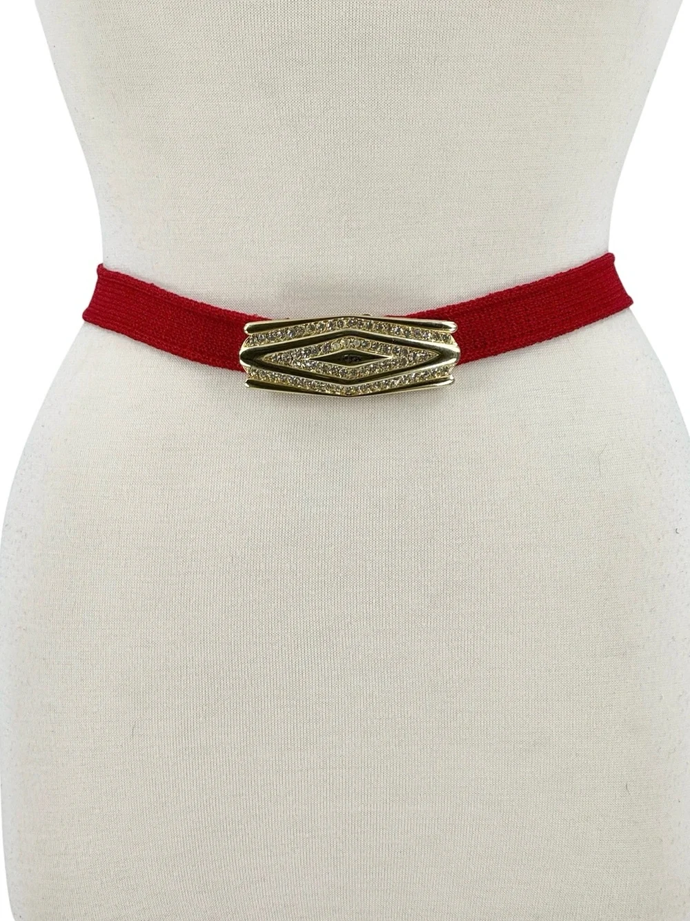 Vintage Knit Belt with Rhinestone Gold Tone Metal Buckle